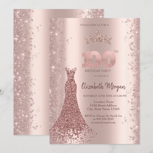 Invitation Rose Gold Glitter Dust Robe Diamant 100ème (Devant / Derrière)