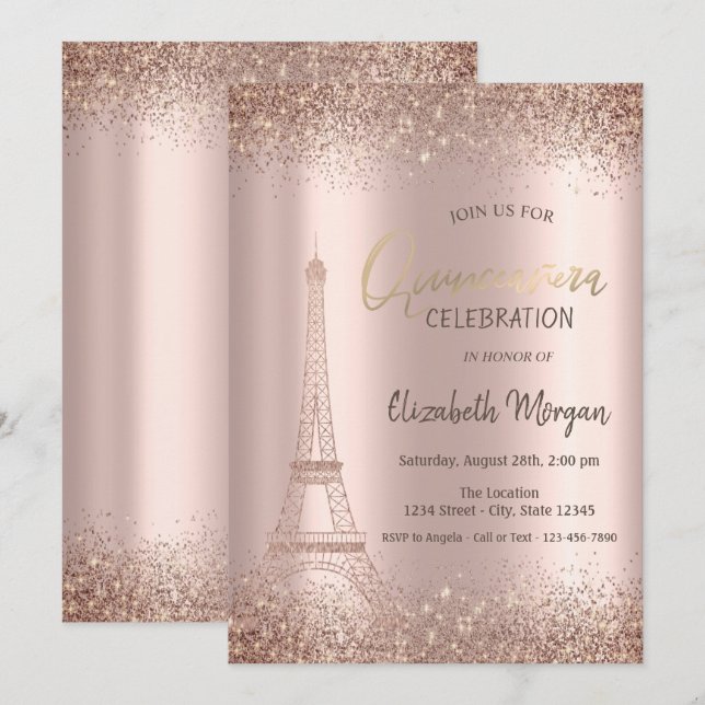 Invitation Rose Gold Glitter Eiffel Confetti Quinceañera  (Devant / Derrière)