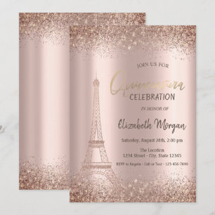Invitation Rose Gold Glitter Eiffel Confetti Quinceañera 