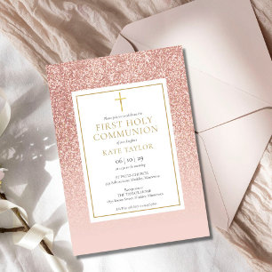 Invitation Rose Gold Glitter First Holy Communion