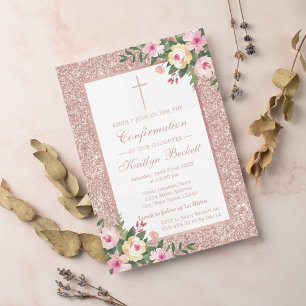 Invitation Rose Gold Glitter Floral Christening Or Baptism