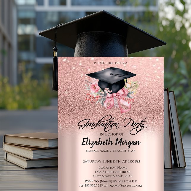 Invitation Rose Gold Glitter Floral Grad Cap Bow Graduation (Créateur téléchargé)