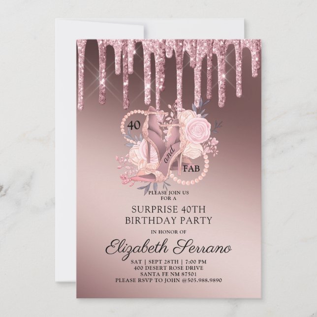 Invitation Rose Gold Glitter Gouttes 40e Anniversaire Surpris (Devant)