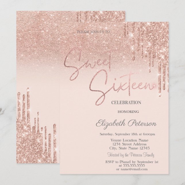 Invitation Rose Gold Glitter, Gouttes Sweet 16  (Devant / Derrière)