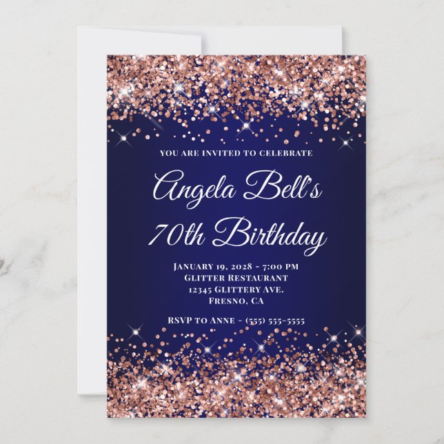 Invitation Rose Gold Glitter Navy Blue Ombre 70th Birthday (Devant)