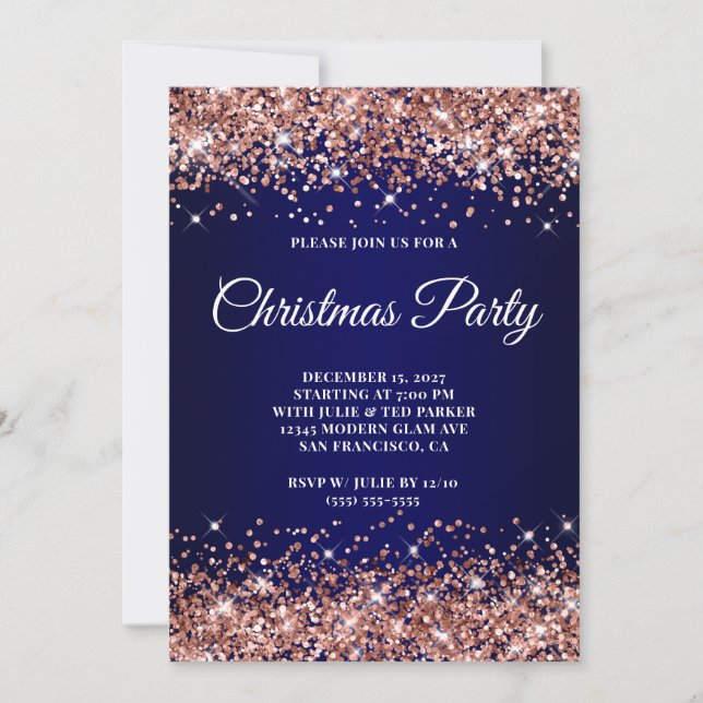 Invitation Rose Gold Glitter Navy Blue Ombre Christmas Party (Devant)