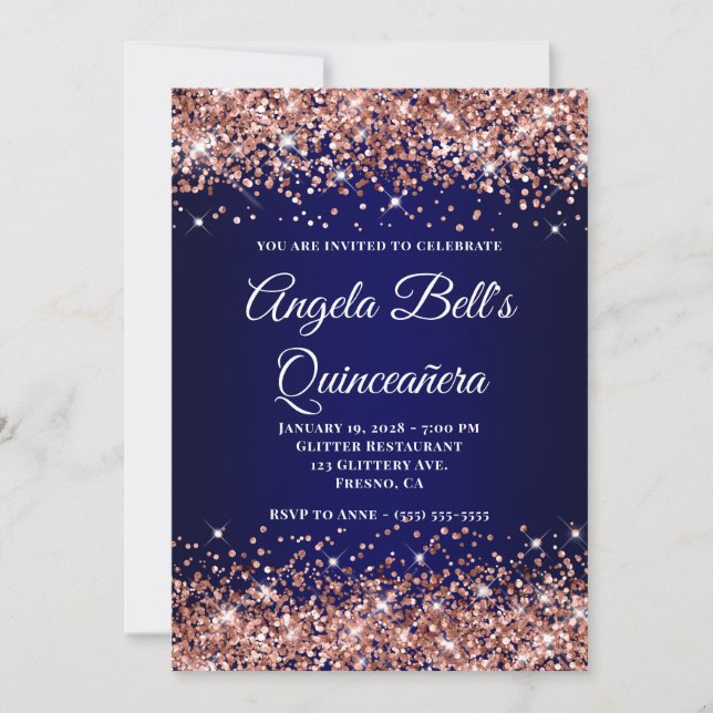 Invitation Rose Gold Glitter Navy Blue Ombre Quinceanera (Devant)