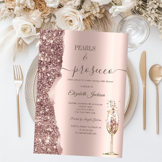 Invitation Rose Gold Glitter Pearls & Prosecco Bridal Shower (Créateur téléchargé)