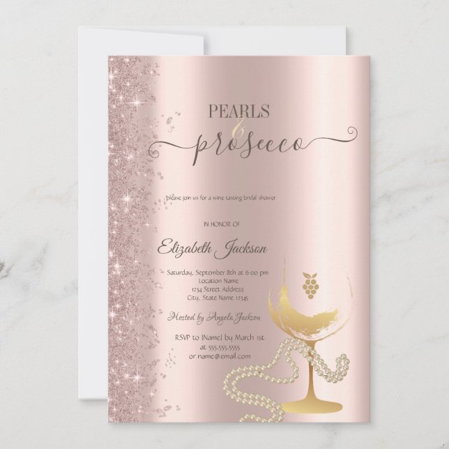 Invitation Rose Gold Glitter Pearls Wine Glass Bridal Shower  (Devant)