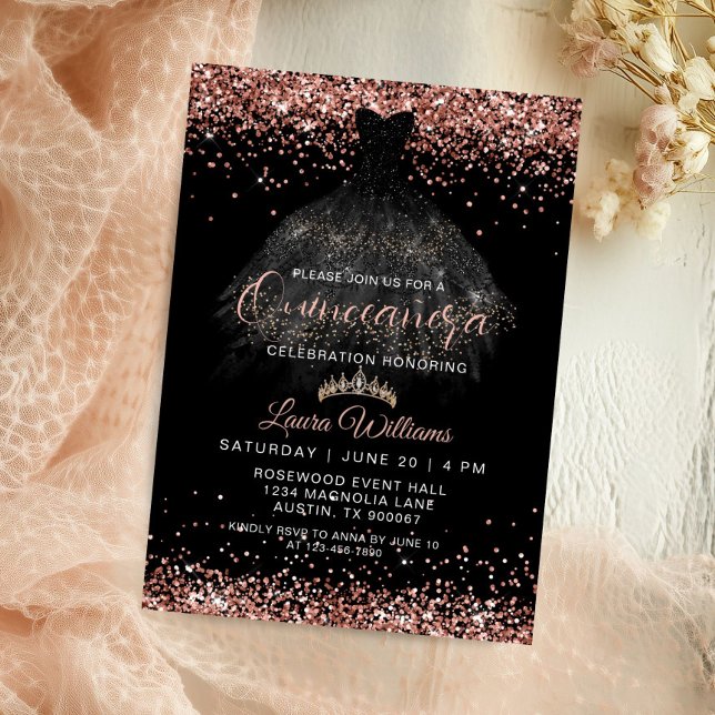 Invitation Rose Gold Glitter Princess Quinceañera Birthday (Black & Rose Gold Princess Dress quinceañera Birthday Invitation)