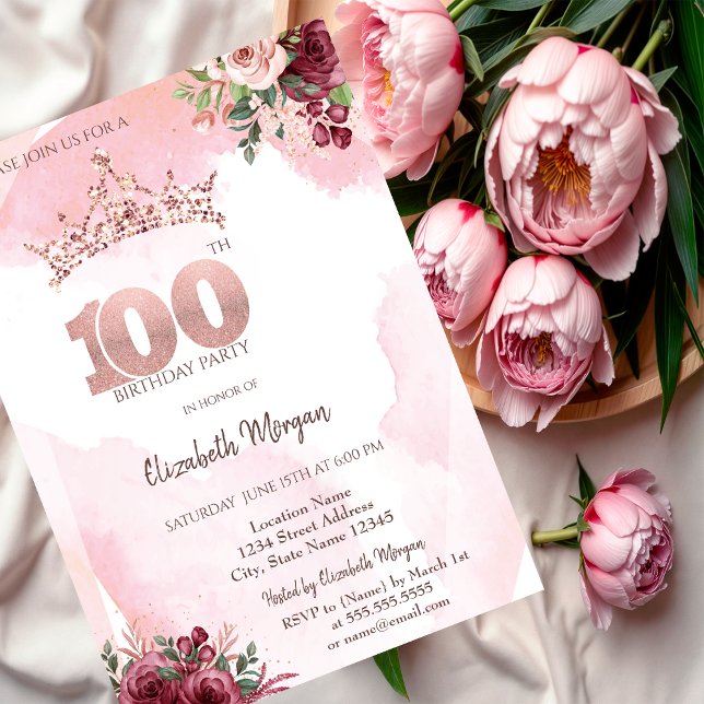 Invitation  Rose Gold Glitter Roses Crown 100th Birthday  (Créateur téléchargé)