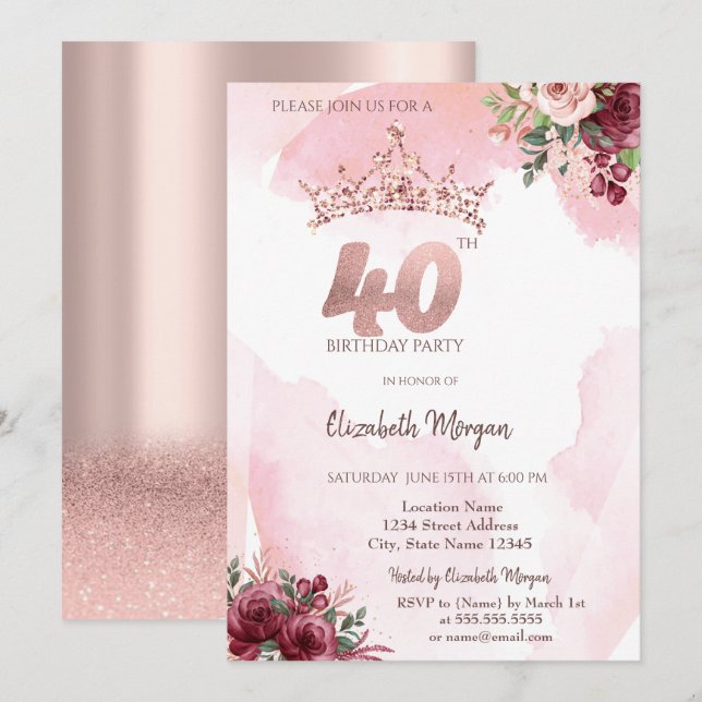 Invitation  Rose Gold Glitter Roses Crown 40th Birthday  (Devant / Derrière)