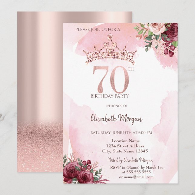 Invitation  Rose Gold Glitter Roses Crown 70th Birthday Party (Devant / Derrière)