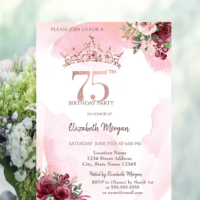 Invitation  Rose Gold Glitter Roses Crown 75th Birthday  (Créateur téléchargé)