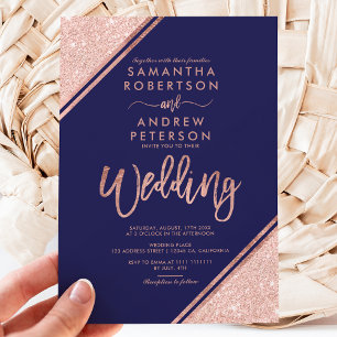 Invitation Rose gold glitter stripes script navy blue wedding