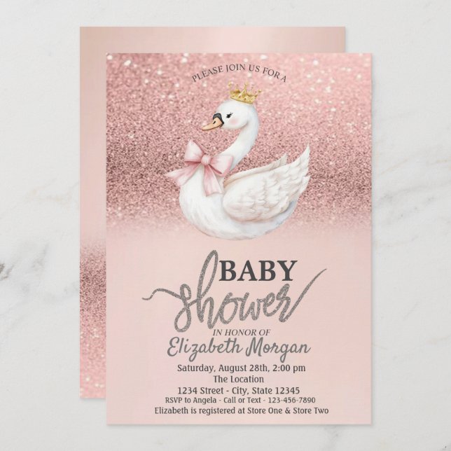 Invitation Rose Gold Glitter,Swan Bow Crown Baby Shower  (Devant / Derrière)
