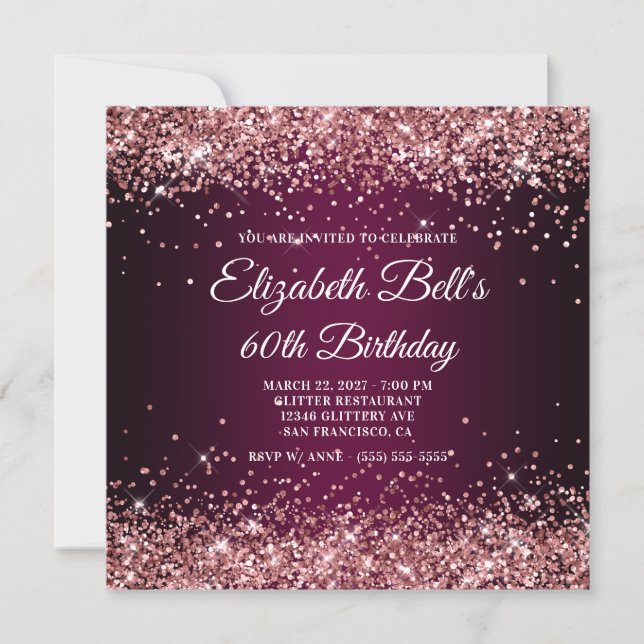 Invitation Rose Gold Glitter Wine Dark Ombre 60th Birthday (Devant)