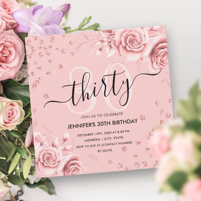 Invitation Rose Gold Gold Floral Parties scintillant 30e Anni (Rose Gold Gold Floral Glitter 30th Birthday Script Invitation)