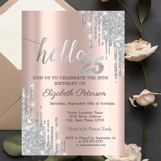 Invitation Rose Gold Gouttes de Paillettes Argentées 25e Anni (Créateur téléchargé)