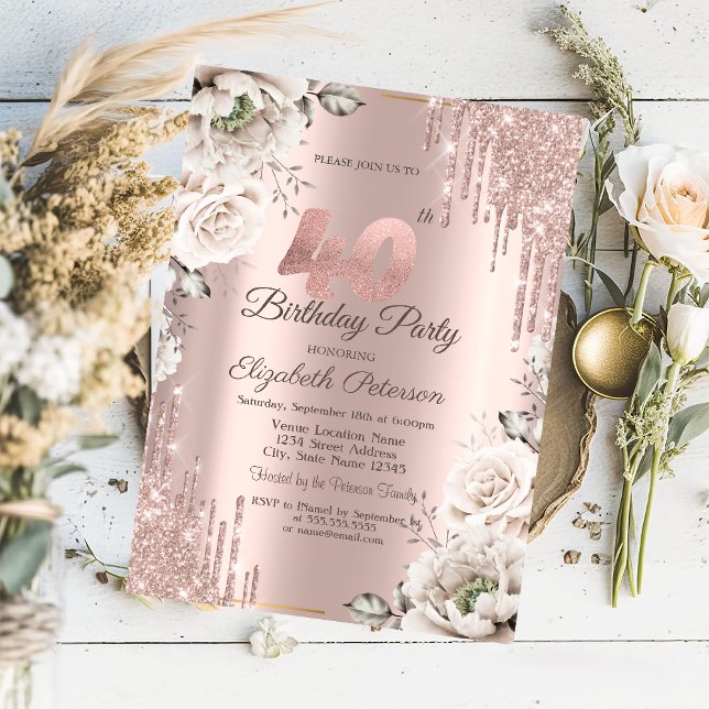 Invitation Rose Gold, Gouttes de Paillettes, Fleurs Blanches  (Créateur téléchargé)