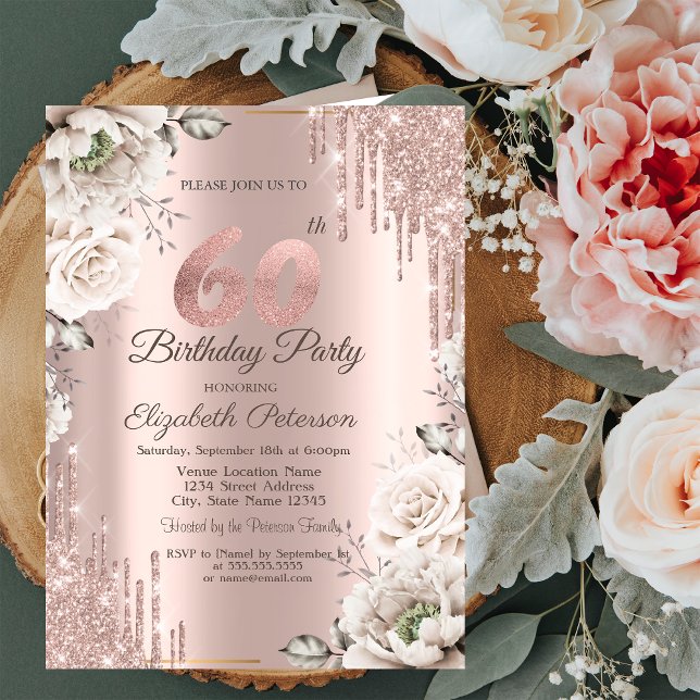 Invitation Rose Gold, Gouttes de Paillettes, Fleurs Blanches  (Créateur téléchargé)