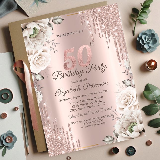 Invitation Rose Gold, Gouttes de Paillettes, Fleurs Blanches  (Créateur téléchargé)