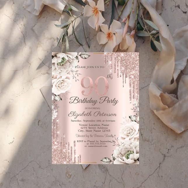 Invitation Rose Gold, Gouttes de Paillettes, Fleurs Blanches  (Créateur téléchargé)