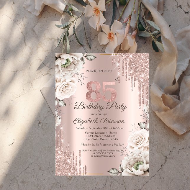Invitation Rose Gold, Gouttes de Paillettes, Fleurs Blanches  (Créateur téléchargé)