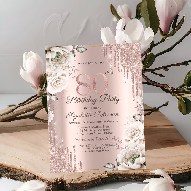 Invitation Rose Gold, Gouttes de Paillettes, Fleurs Blanches  (Créateur téléchargé)