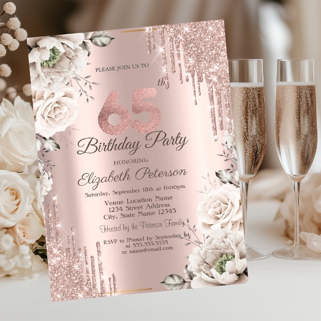 Invitation Rose Gold, Gouttes de Paillettes, Fleurs Blanches  (Créateur téléchargé)