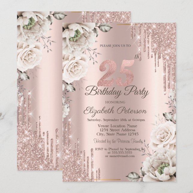 Invitation Rose Gold, Gouttes de Paillettes, Fleurs Blanches  (Devant / Derrière)
