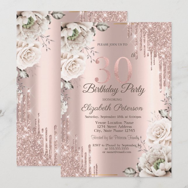 Invitation Rose Gold, Gouttes de Paillettes, Fleurs Blanches  (Devant / Derrière)