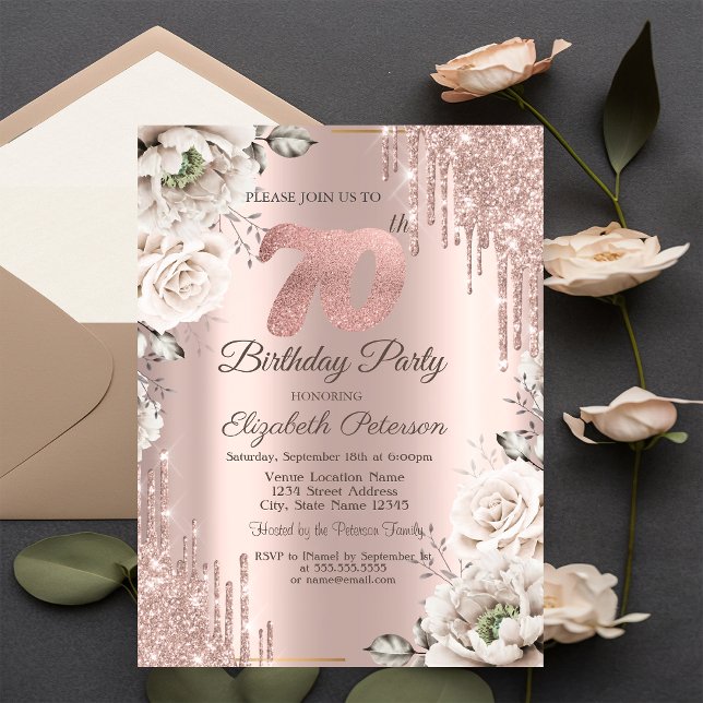 Invitation Rose Gold,Gouttes de paillettes,Fleurs blanches 70 (Créateur téléchargé)