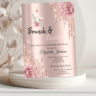 Invitation Rose Gold Gouttes Fleurs Vin Brunch & Bubbly 