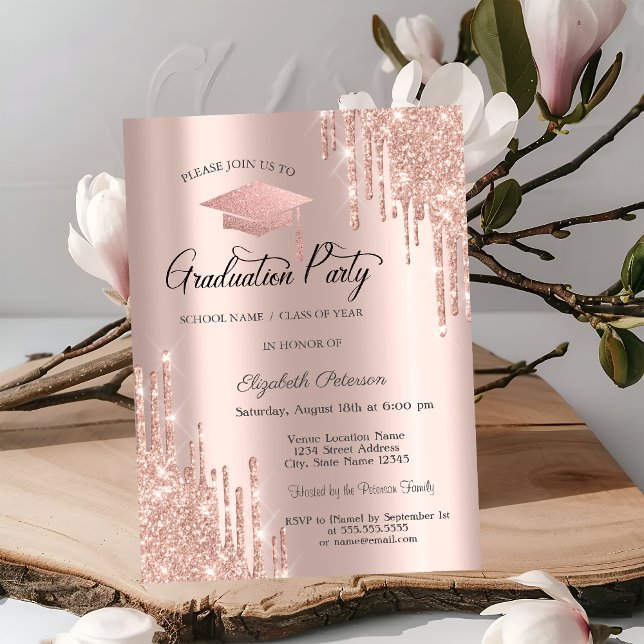 Invitation Rose Gold Grad Casquette de Parties scintillant, D (Créateur téléchargé)
