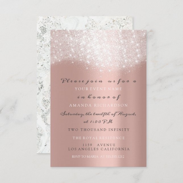 Invitation Rose Gold Grey Parties scintillant Marbre Confetti (Devant / Derrière)