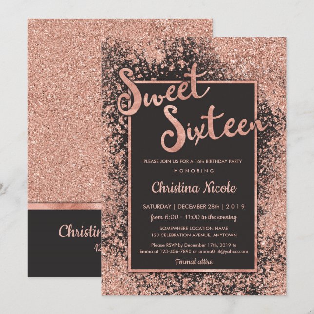 Invitation Rose Gold Grey Sweet 16, Parties scintillant tenda (Devant / Derrière)