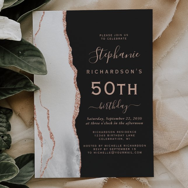 Invitation Rose Gold Gris Blanc Agate Foncé 50e Anniversaire (Créateur téléchargé)