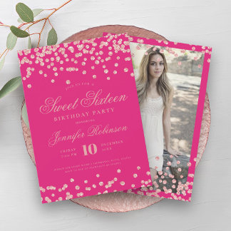 Invitation Rose Gold Hot rose Confetti Photo Sweet 16