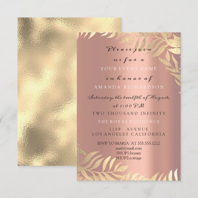 Invitation Rose Gold Jungle Rose Gold Rose Élégante Mariage A (Devant / Derrière)