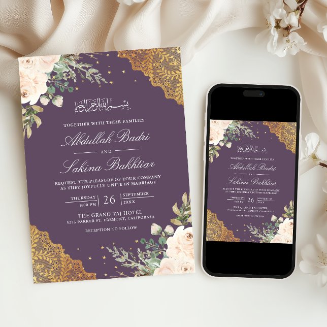 Invitation Rose Gold Lace Code QR Mariage Musulman Violet Crè (Créateur téléchargé)