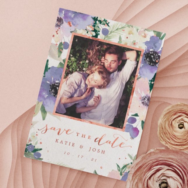 Invitation Rose Gold & Lavender Boho Photo Enregistrer la dat (Créateur téléchargé)