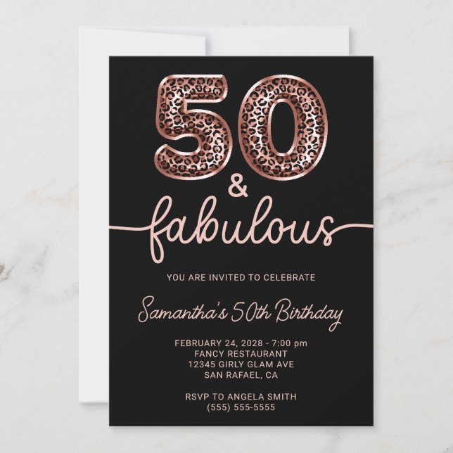 Invitation Rose Gold Léopard Balloon Numéro 50 et Fabuleux (Devant)