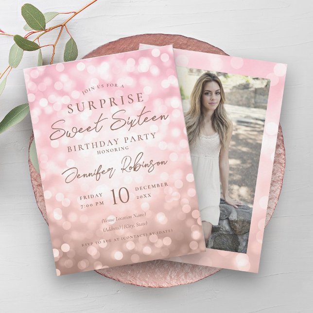 Invitation Rose Gold Lights Photo SURPRISE Sweet 16 (Rose Gold Lights Photo SURPRISE Sweet 16 Invitation)
