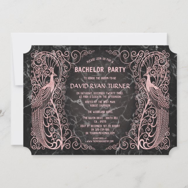 Invitation Rose Gold Marble Art Déco Peacock Mariage Inviter (Devant)