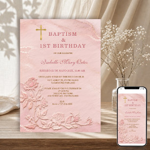 Invitation Rose Gold Marble Faux Embossé Baptême Anniversaire