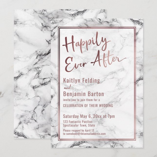 Invitation Rose Gold Marble Happily Ever After Réception (Devant / Derrière)