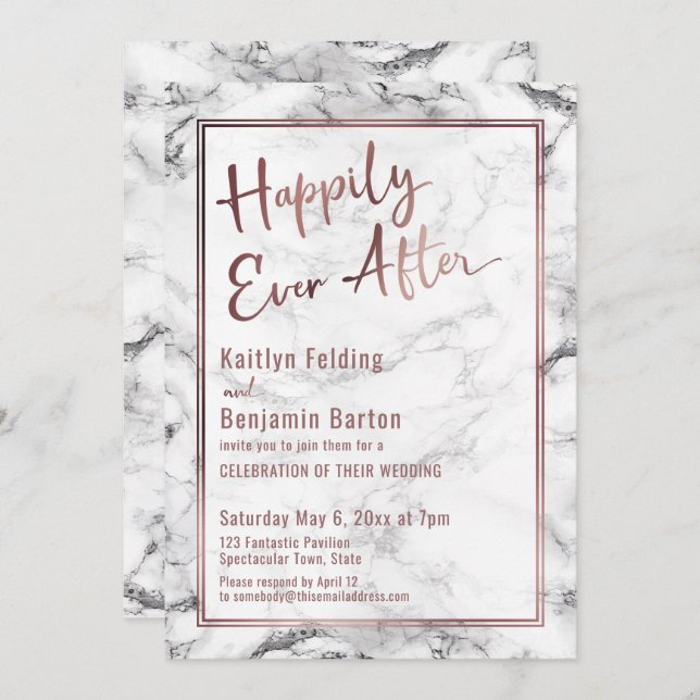 Invitation Rose Gold Marble Réception Happily Ever After (Devant / Derrière)