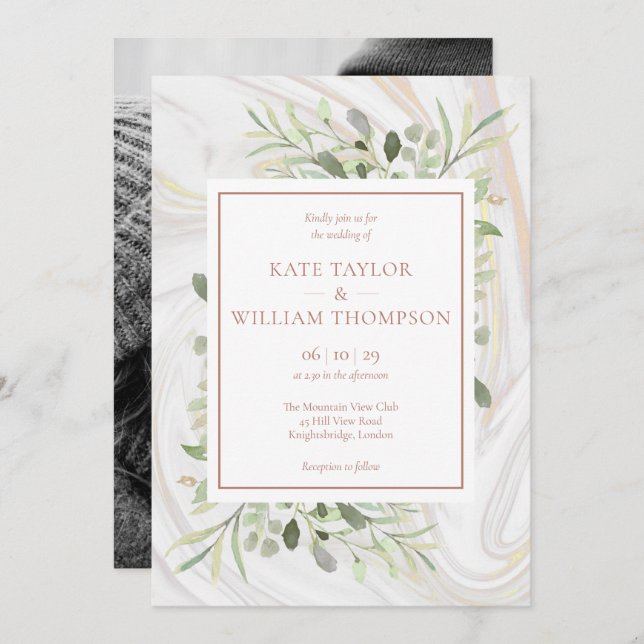 Invitation Rose Gold Marble Vert Mariage photo (Devant / Derrière)