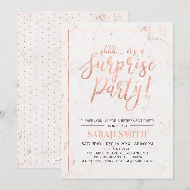 Invitation Rose Gold & Marbre | Soirée de Retraite Surprise (Devant / Derrière)